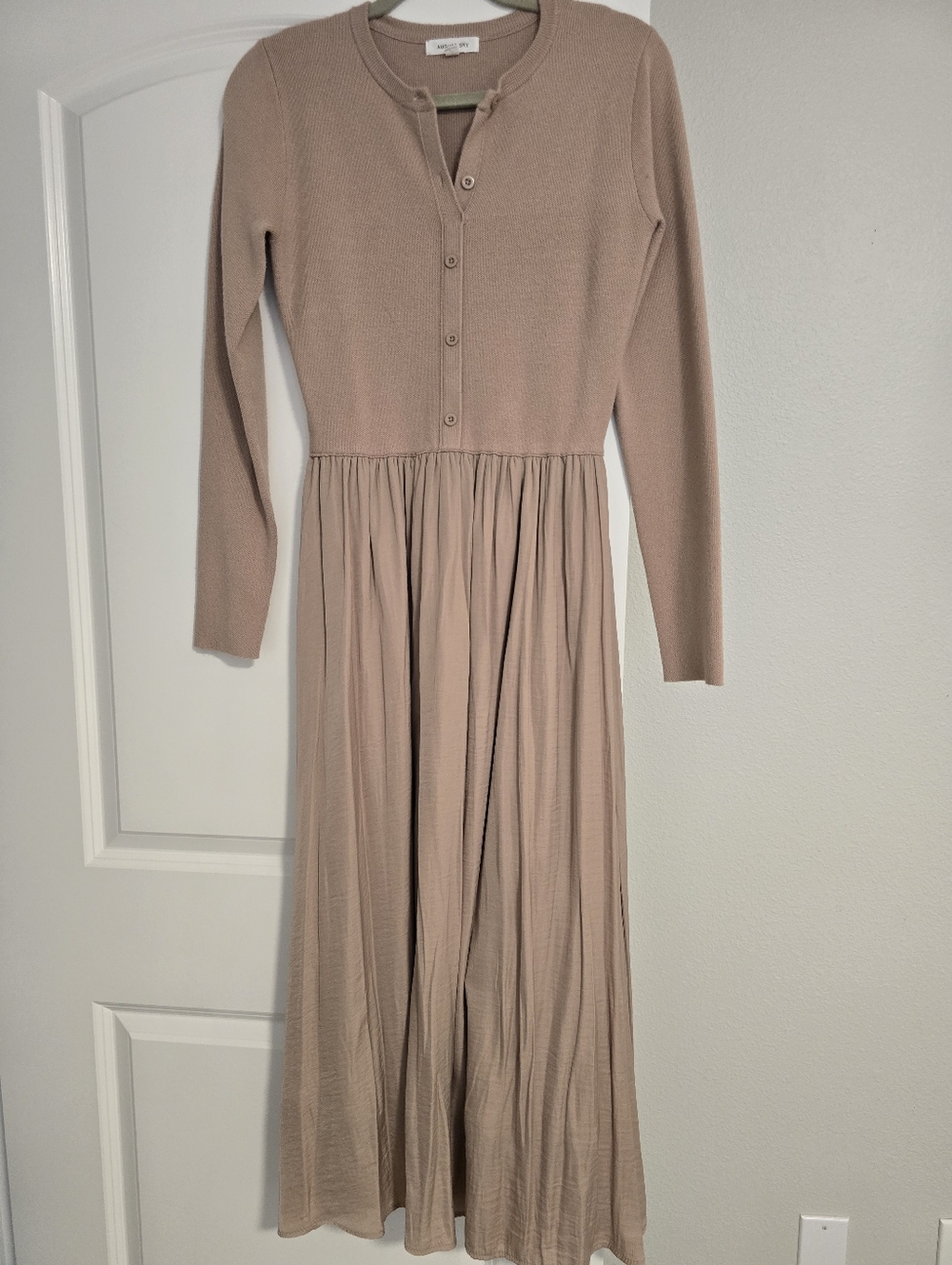Button-Front Long Sleeve Maxi Dress in Taupe